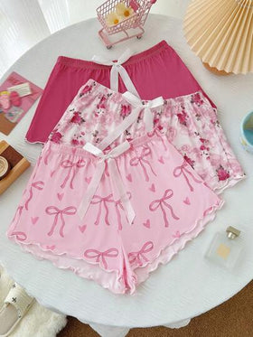 SHEIN 3 قطع مجموعة ملابس نوم للنساء مطبوع عليها رسومات زهور مع ربطة جميلة في التباين