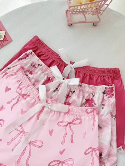 SHEIN 3 قطع مجموعة ملابس نوم للنساء مطبوع عليها رسومات زهور مع ربطة جميلة في التباين