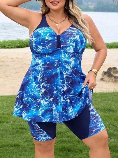 SHEIN CURVE+ مجموعة بيكيني ذات طبعة متدرجة الألوان للنساء ذوات الحجم الكبير بتصميم ظهر مكشوف، بدلة سباحة للاصطياف والعطلات البحرية
