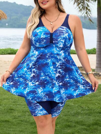 SHEIN CURVE+ مجموعة بيكيني ذات طبعة متدرجة الألوان للنساء ذوات الحجم الكبير بتصميم ظهر مكشوف، بدلة سباحة للاصطياف والعطلات البحرية