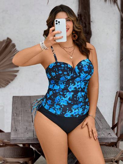 Swim Lushoire طقم بكيني إجازة شاطئية للمرأة ذات الحجم الكبير مكون من 2 قطعة، بحمالات رفيعة وطباعة زهرية ، مثير