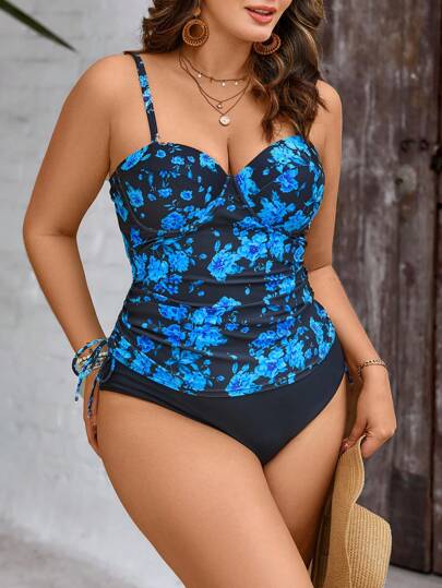 Swim Lushoire طقم بكيني إجازة شاطئية للمرأة ذات الحجم الكبير مكون من 2 قطعة، بحمالات رفيعة وطباعة زهرية ، مثير