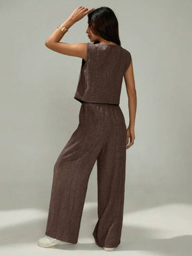 SHEIN PETITE طقم كاجوال لامرأة مكون من سترة فردية الصدر ذات لون سادة وبنطلون،2 قطعة، للصيف