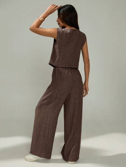 SHEIN PETITE طقم كاجوال لامرأة مكون من سترة فردية الصدر ذات لون سادة وبنطلون،2 قطعة، للصيف