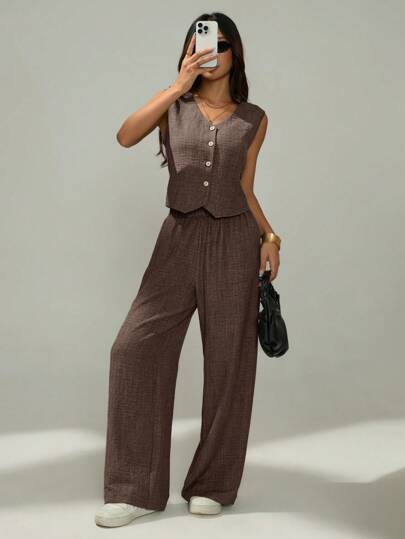 SHEIN PETITE طقم كاجوال لامرأة مكون من سترة فردية الصدر ذات لون سادة وبنطلون،2 قطعة، للصيف