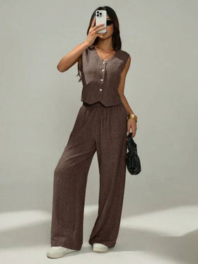 SHEIN PETITE طقم كاجوال لامرأة مكون من سترة فردية الصدر ذات لون سادة وبنطلون،2 قطعة، للصيف
