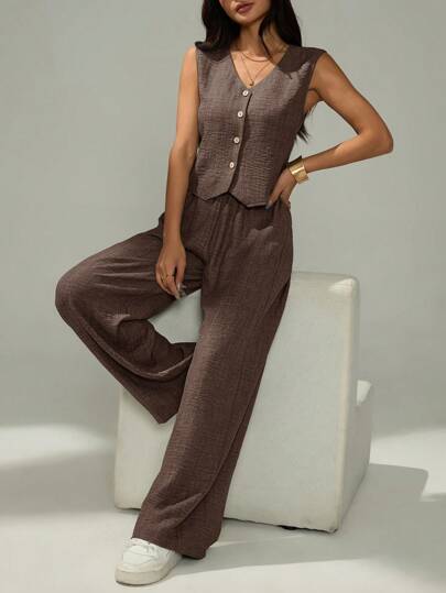 SHEIN PETITE طقم كاجوال لامرأة مكون من سترة فردية الصدر ذات لون سادة وبنطلون،2 قطعة، للصيف