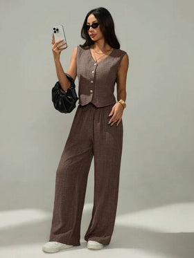 SHEIN PETITE طقم كاجوال لامرأة مكون من سترة فردية الصدر ذات لون سادة وبنطلون،2 قطعة، للصيف