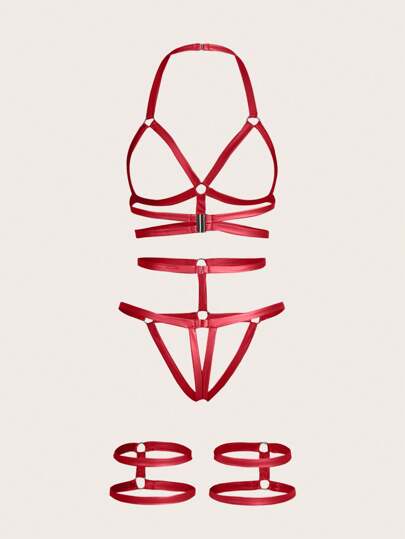 SpicyHot 4 قطعة/طقم مجموعة حمالة نسائية بتصميم مفرغ لاسلكي وجذاب بتجميع