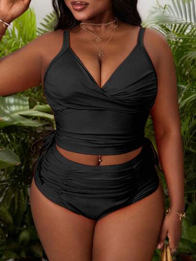 SHEIN Swim Curve ملابس سباحة رياضية قطعتين للمرأة البدينة بلون برتقالي، ملابس علوية كامي، كاجوال موضة