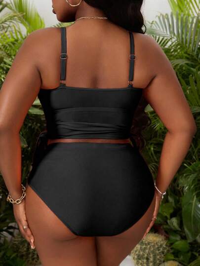 SHEIN Swim Curve ملابس سباحة رياضية قطعتين للمرأة البدينة بلون برتقالي، ملابس علوية كامي، كاجوال موضة