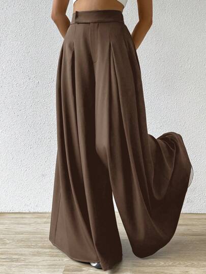 SHEIN EZwear بناطيل كاجوال برقبة واسعة باكسسورات ملفوفة، ربيع/صيف