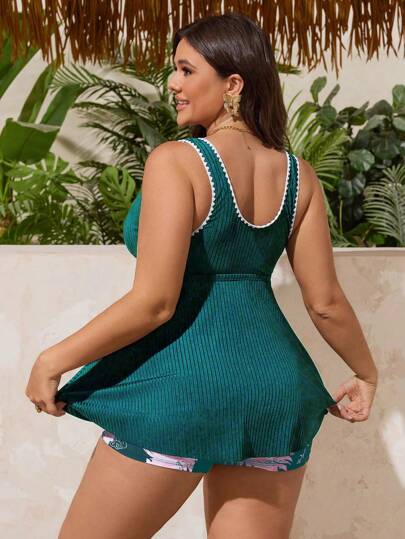 Swim Lushoire مجموعتان من بدلة السباحة كاميسول مطبوعة بالزهور محبوكة مقاسات كبيرة، باللون الأسود
