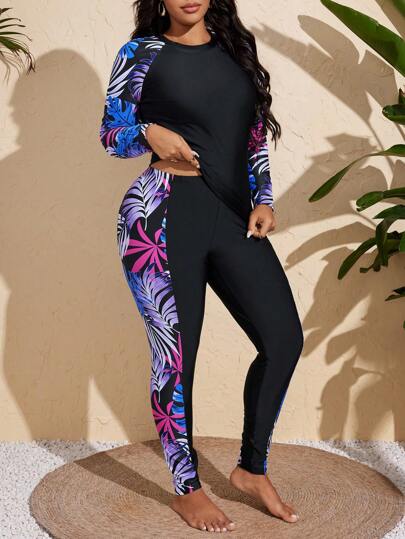 SHEIN Swim ملابس سباحة موديل كبير الحجم للنساء المسلمات البحث في الأحداث الزهرية المتواضعة مع أكمام طويلة وسراويل طويلة مكونة من قطعتين للشاطئ والحفلات والعطلات