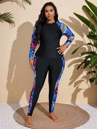 SHEIN Swim ملابس سباحة موديل كبير الحجم للنساء المسلمات البحث في الأحداث الزهرية المتواضعة مع أكمام طويلة وسراويل طويلة مكونة من قطعتين للشاطئ والحفلات والعطلات
