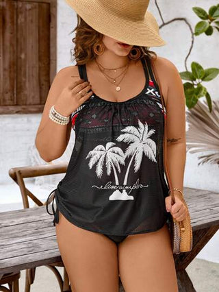 Swim Lushoire ملابس سباحة بكيني للمرأة ذات حجم كبير موديل بياقة مثلثة، بطبعة أشجار النخيل البيضاء على قاعدة سوداء، تصميم عصري مناسب للعطلات وللاستخدام اليومي، مرتفع من الخصر، قابل للتعديل بحمالات