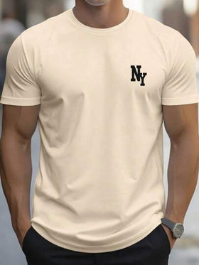 Manfinity Homme تي شيرت كاجوال للرجال، قصير الأكمام بطباعة حرفية، صيفي