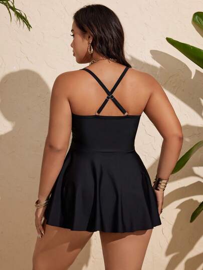 SHEIN Swim Curve فستان بحري مكون من قطعتين للمرأة بقصة الخصر، لون واحد ، مزين بالدانتيل عند الرقبة والقصة الواسعة المفلطحة لحجم كبير