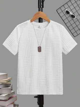 SHEIN تي شيرت قطني قصير الأكمام صيني ملائم للمراهقين الفتية بياقة طاقم وتصميم ألوان سادة
