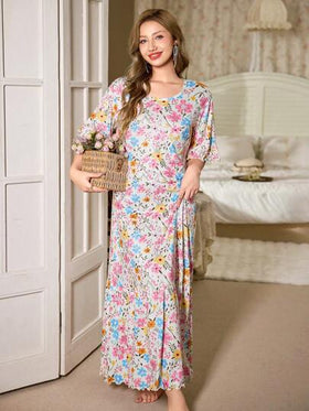 SHEIN فستان نوم طويل مطبوع بطبعات زهرية رومانسية، مزين بكشكشة الذيل، مناسب للربيع والصيف