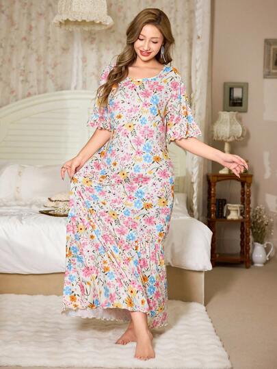 SHEIN فستان نوم طويل مطبوع بطبعات زهرية رومانسية، مزين بكشكشة الذيل، مناسب للربيع والصيف