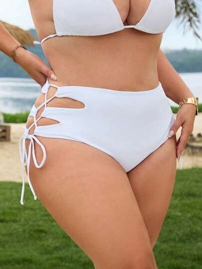 SHEIN CURVE+ قطعة سفلية لملابس السباحة للنساء ذوات الحجم الكبير، لون أبيض، تصميم خصر ربطة سحاب وتصميم مفتوح