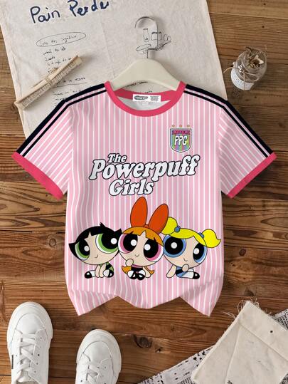تيشيرتات بناتي THE POWERPUFF GIRLS X  قميص قصير الأكمام للبنات المراهقات بنمط الشرائط والأزهار والفقاعات والزنبق