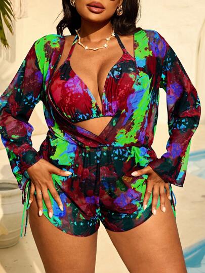 Slaydiva طقم سيدات كبيرات الحجم 3 قطع من بكيني فاتح الأكتاف مقسوم + غطاء طويل الأكمام شبكي بسحاب، ملابس عطلة البحر والشاطئ العصرية، أطقم رياضية للإجازات