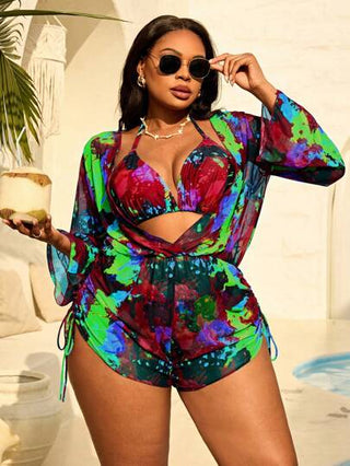 Slaydiva طقم سيدات كبيرات الحجم 3 قطع من بكيني فاتح الأكتاف مقسوم + غطاء طويل الأكمام شبكي بسحاب، ملابس عطلة البحر والشاطئ العصرية، أطقم رياضية للإجازات