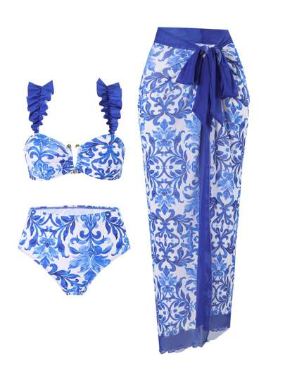 Swim Oasis مجموعة بيكيني من 3 قطع مع زهور باللون الأزرق والأبيض للنساء للنزهات الصيفية، مزين بالدانتيل والزخارف المعدنية، ملابس شاطئ
