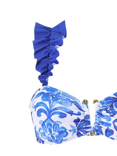 Swim Oasis مجموعة بيكيني من 3 قطع مع زهور باللون الأزرق والأبيض للنساء للنزهات الصيفية، مزين بالدانتيل والزخارف المعدنية، ملابس شاطئ