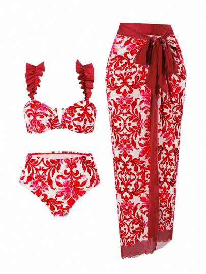 Swim Oasis مجموعة بيكيني و ملابس شاطئ للنساء تتكون من 3 قطع، طبعة زهور ونقوش زرقاء وبيضاء مع تريم وستائر معدنية على الرقبة الحرف V ، للاستخدام في العطلة الصيفية