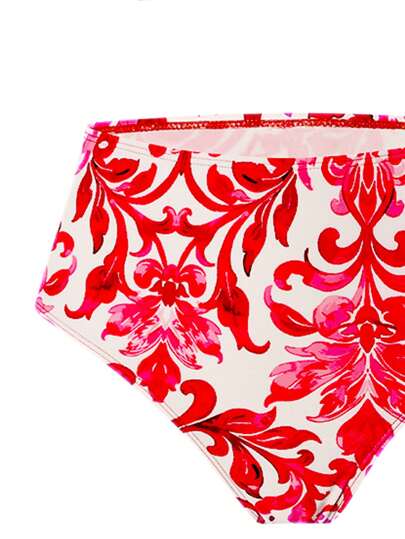 Swim Oasis مجموعة بيكيني و ملابس شاطئ للنساء تتكون من 3 قطع، طبعة زهور ونقوش زرقاء وبيضاء مع تريم وستائر معدنية على الرقبة الحرف V ، للاستخدام في العطلة الصيفية