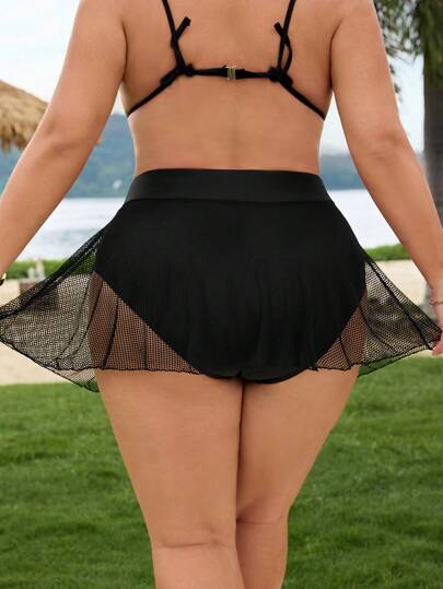 SHEIN CURVE+ سراويل شاطئ من الشبك السوداء للسيدات البدينات, ملابس السباحة المناسبة للعطلات الصيفية