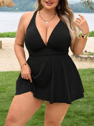 SHEIN CURVE+ بيكيني قطعتين من المايه ذي الخطوط البارزة المثالية للمرأة ذات الحجم الكبير، مجموعة بيكيني أشرطة عنق مناسبة للعطلات