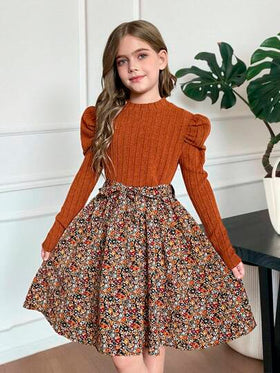 SHEIN فستان بوهيمي كروشيه باللون البني ذو رقبة دائرية، أكمام طويلة، رقعات، طباعة زهور متناثرة، مناسب للخريف والشتاء، فستان شتوي لعطلات