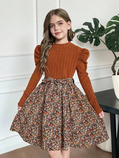 SHEIN فستان بوهيمي كروشيه باللون البني ذو رقبة دائرية، أكمام طويلة، رقعات، طباعة زهور متناثرة، مناسب للخريف والشتاء، فستان شتوي لعطلات