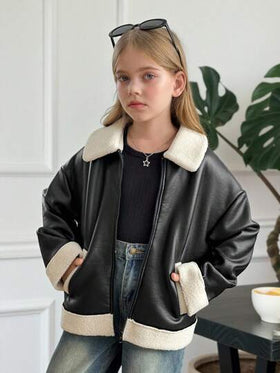 SHEIN Serisse Kids جاكيت دراجة نارية مبطنة للفتيات المراهقات ذات ألوان متباينة مناسبة للخريف/الشتاء، للارتداء اليومي