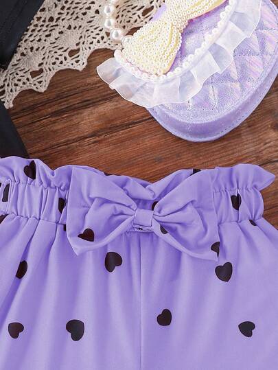 2 مجموعة/قطعة، قميص كم قصير بطبعة الفتاة الكرتونية والفيونكة والشورت، مناسب للصيف والرياضة واليومي والخارجي