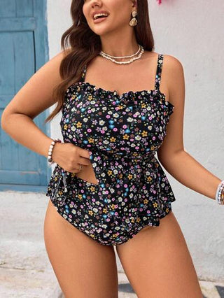 Swim Mod مجموعتان/مجموعة ملابس علوية بيرشر مع بطانة رقيقة وزخارف النبات العشوائية وبكيني ذو خصر عالي لحجم كبير، بيكيني صيفي عادي للحياة اليومية والعطلات