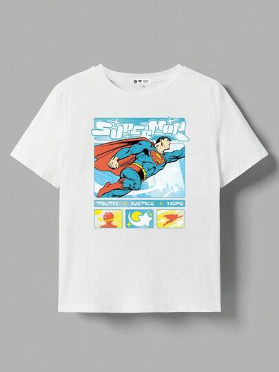 تيشيرتات بناتي SUPERMAN X  قميص تي شيرت بأكمام قصيرة وياقة مستديرة مزين برسوم كرتونية وحروف للفتاة المراهقة