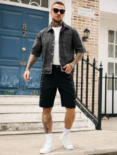 Manfinity Homme قميص جينز كاجوال بجيب لرجال، أكمام قصيرة، بقصة فردية عادية للصيف