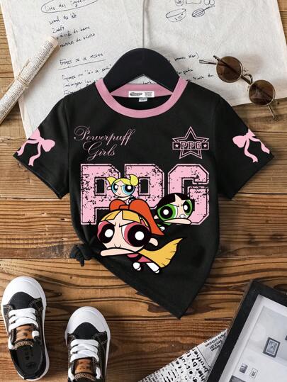 THE POWERPUFF GIRLS X SHEIN تي شيرت كاجوال للبنات قصير الأكمام بتطريز وألسنة متناقض، بطراز رقص رياضي كرتوني وأنيق، طباعة بونو أثر وحرف وزهور وفقاعات وأزهار البنفسج
