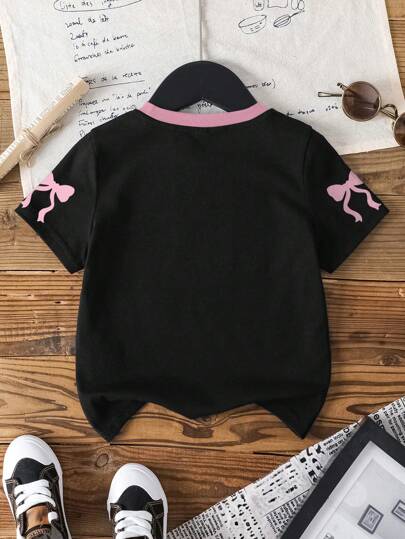 THE POWERPUFF GIRLS X SHEIN تي شيرت كاجوال للبنات قصير الأكمام بتطريز وألسنة متناقض، بطراز رقص رياضي كرتوني وأنيق، طباعة بونو أثر وحرف وزهور وفقاعات وأزهار البنفسج