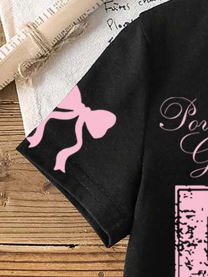 THE POWERPUFF GIRLS X SHEIN تي شيرت كاجوال للبنات قصير الأكمام بتطريز وألسنة متناقض، بطراز رقص رياضي كرتوني وأنيق، طباعة بونو أثر وحرف وزهور وفقاعات وأزهار البنفسج