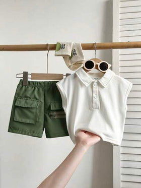 SHEIN Playful Pals مجموعة2 قطعة سترة أكمام بدون أكمام بياقة بولو وشورت للأطفال /الصبي، إطلالة أنيقة وجميلة للعب الصيف، للاستخدام اليومي والتنزه في المدينة