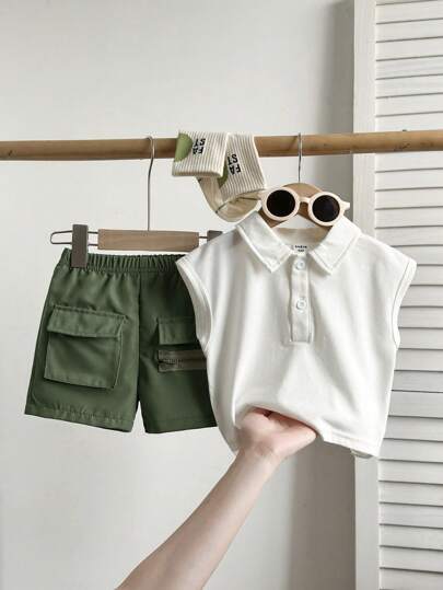 SHEIN Playful Pals مجموعة2 قطعة سترة أكمام بدون أكمام بياقة بولو وشورت للأطفال /الصبي، إطلالة أنيقة وجميلة للعب الصيف، للاستخدام اليومي والتنزه في المدينة