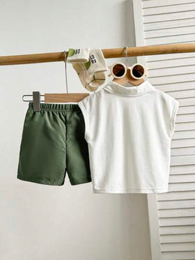 SHEIN Playful Pals مجموعة2 قطعة سترة أكمام بدون أكمام بياقة بولو وشورت للأطفال /الصبي، إطلالة أنيقة وجميلة للعب الصيف، للاستخدام اليومي والتنزه في المدينة