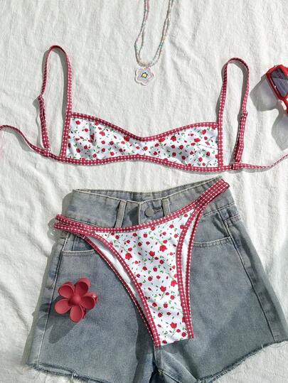 Swim Mod طقم بيكيني نسائي عصري وأنيق مطبع بزهور صغيرة ذات حواف ملونة مختلفة، مظهر رومانسي فاتن للارتداء على الشاطئ