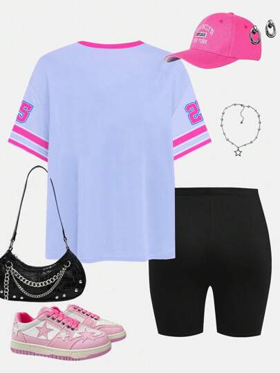 SHEIN مجموعة ملابس علوية قصيرة الأكمام وشورت بسيطة وعادية مناسبة للصيف 2 قطعة